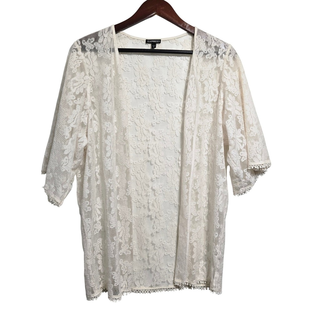 Express Womens XS Cream Floral‎ Lace Pom Pom Trim Kimono Open Front Cardigan